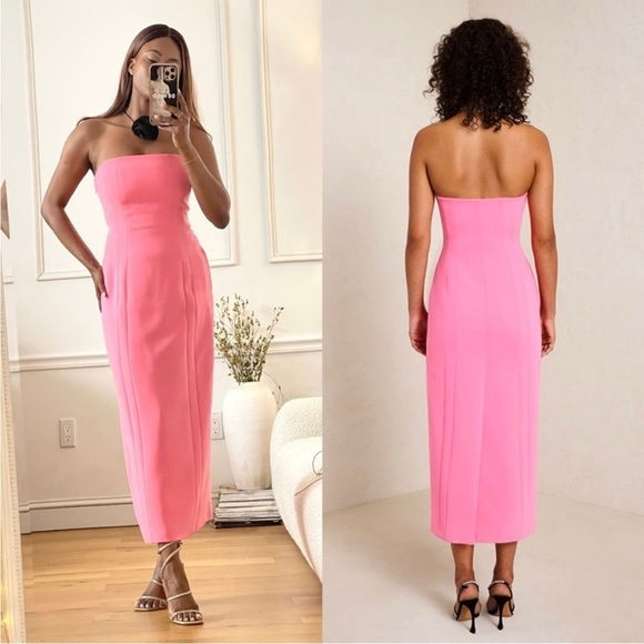 ALC Strapless Bubblegum Pink Crepe Cady Back Slit Fitted Sheath Midi Dress 4 - Picture 8 of 11